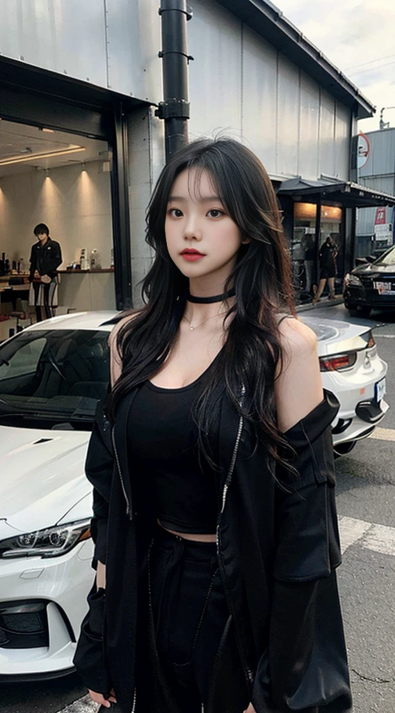 Japanese girl wearing a black robe jacket, wearing black trousers, wearing a tank top, wearing a black choker necklace, has a six pack stomach, taking a photo in front of a sports car,