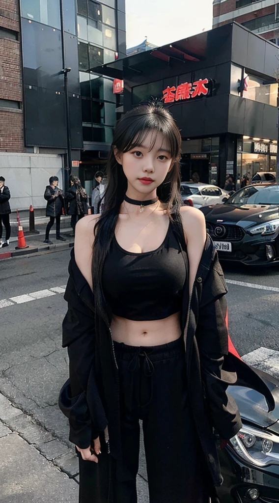 Japanese girl wearing a black robe jacket, wearing black trousers, wearing a tank top, wearing a black choker necklace, has a six pack stomach, taking a photo in front of a sports car,