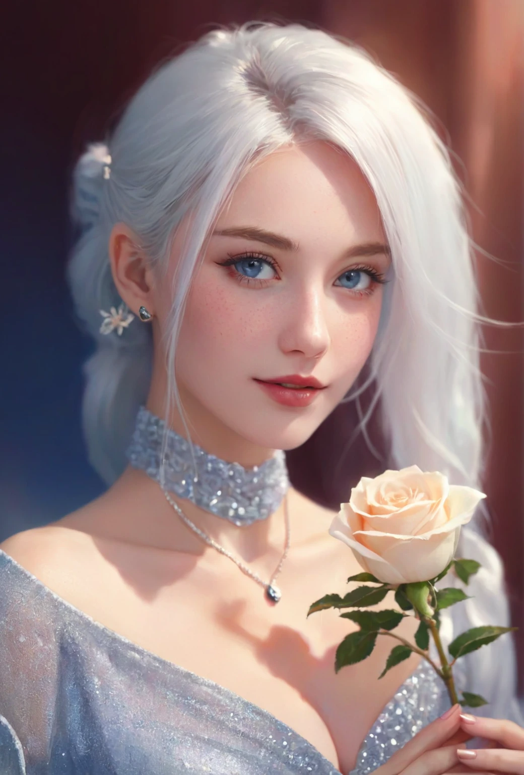 a close up of a woman with a rose in her hand, artwork in the style of guweiz, realistic artstyle, girl with white hair, 🌺 cgsociety, guweiz, trending on cgstation, perfect white haired girl, in the art style of bowater, fantasy art style, inspired by Yanjun Cheng, beautiful digital artwork, show cleavage