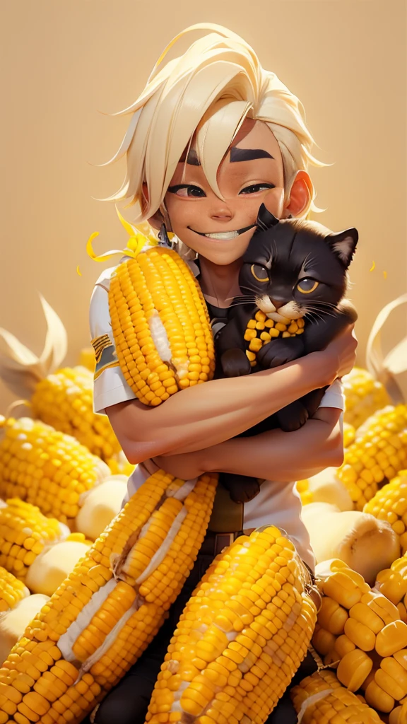Male, corn face, cute boy, Peru flag, background, Panthers protecting the corn, corn bodies with eyes and smile