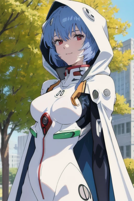 masterpiece, best quality, 1girl, ayanamirei, plugsuit, interface headset, looking at viewer, light smile, city park, upper body, arms_behind_back, hooded white cloak, cape