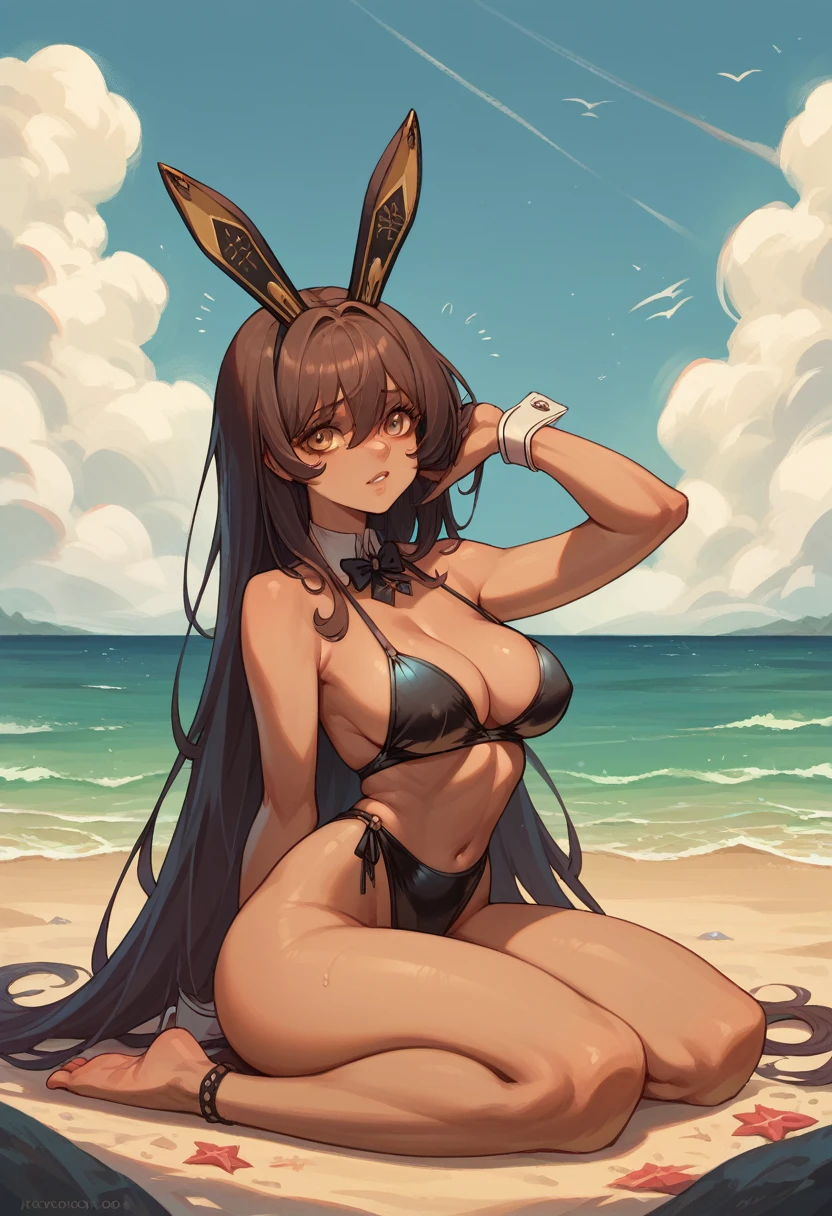 Noir (nod) big  black bunny on the beach 