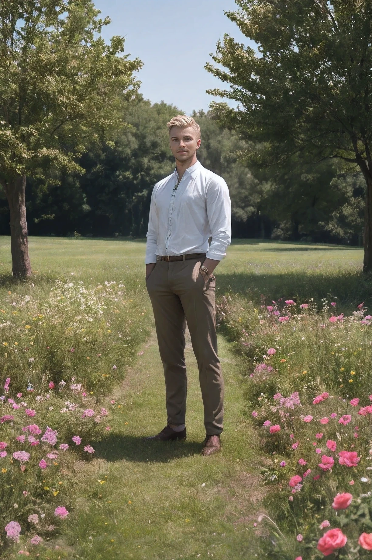 A Handsome Cute Men with blonde hair is standing in a magnificent field containing of turqouis diamond roses