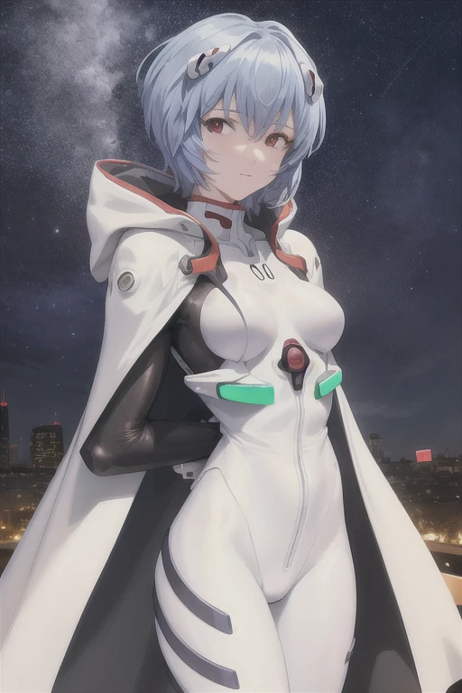 masterpiece, best quality, 1girl, ayanamirei, plugsuit, interface headset, looking at viewer, light smile, city park, upper body, arms_behind_back, hooded white cloak, cape