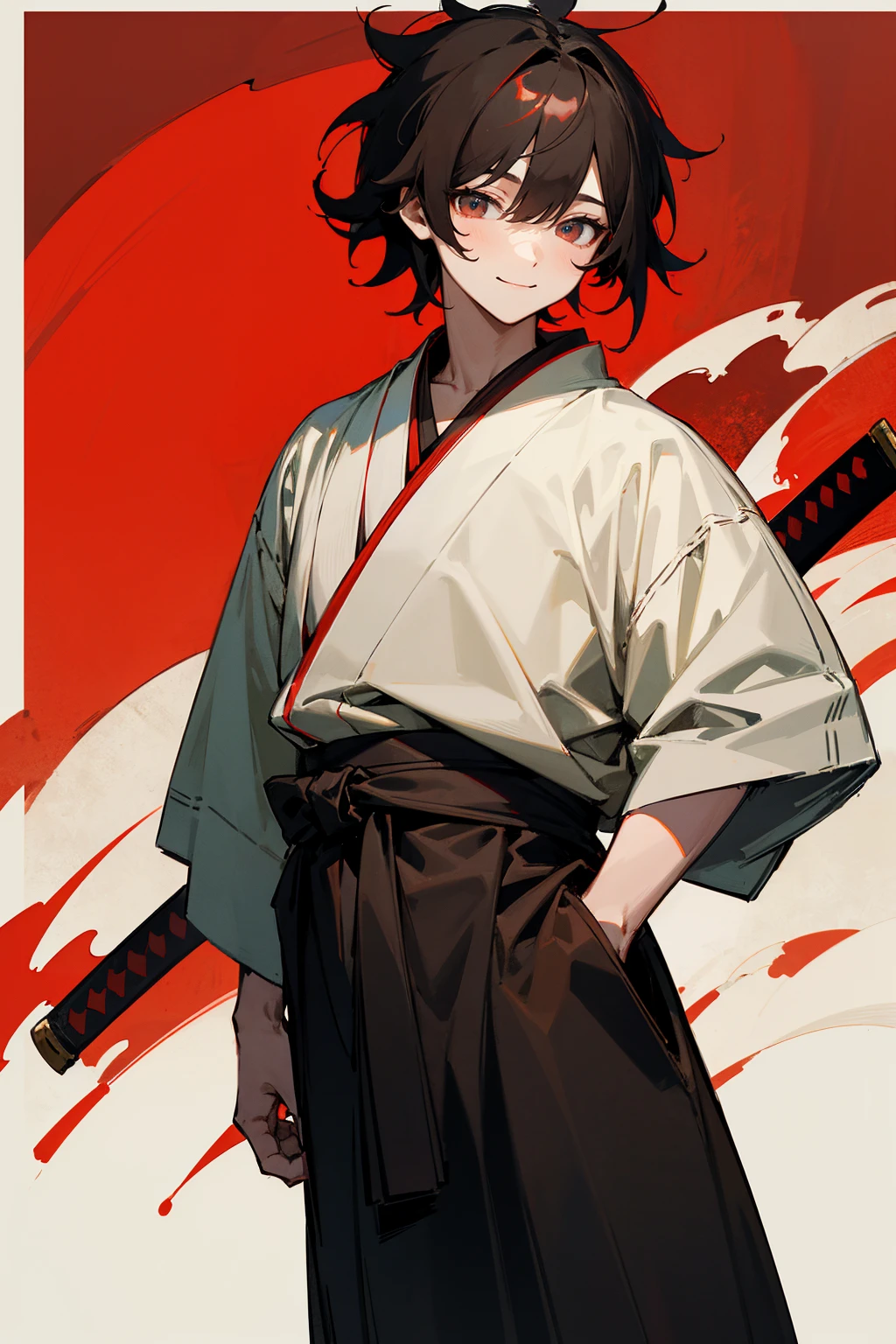 Masterpiece Quality, Perfect Generation, , Detailed Eyes, , Red And Black Short Messy Hair, White And Red Haori, Smiling Expression,, , , Standing, Facing Viewer, Male, , Clothed, Kimono, Night, Teen, , Sheathed Katana on hip, Standing In Forest,