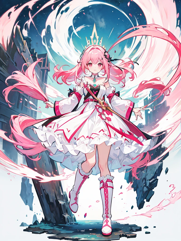 fantasy world girl with colorful hair, accessories, detailed clothes, pink hair, white and red clothes, wearing black boots
