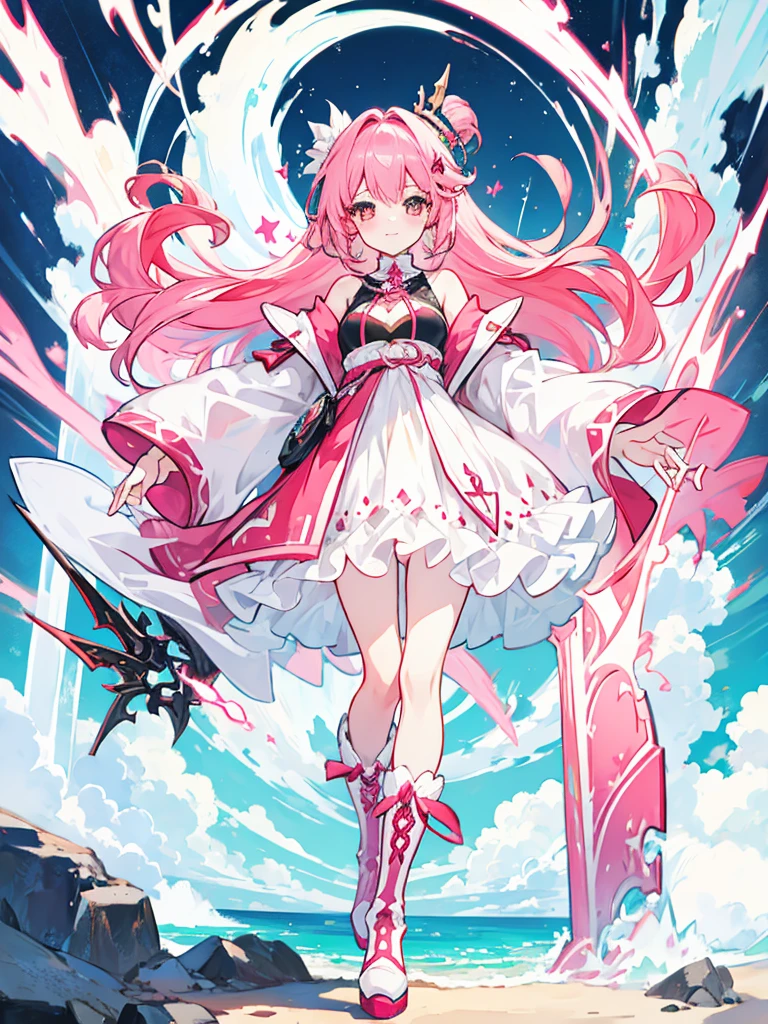 fantasy world girl with colorful hair, accessories, detailed clothes, pink hair, white and red clothes, wearing black boots
