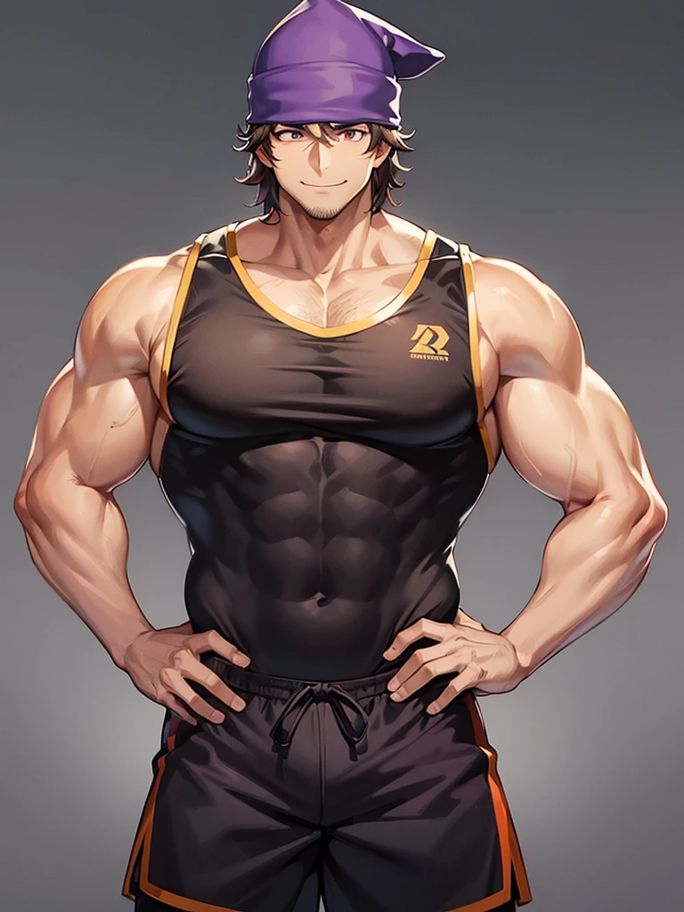 anime characters: 1guy, Bara, 1 Muscular guy, solo, huge pecs, pectorals are oversized, sleeveless basketball jersey, black shorts, purple beanie, small pupils, orange eyes,  stubble, smile, black skined male, back, bending over, big ass, gray background, best quality
