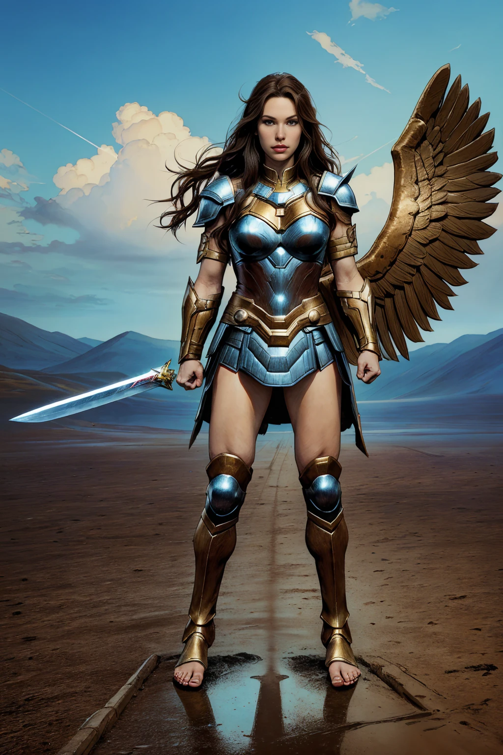 ((Full body photo, standing, feet on the ground)) Alison Tyler as an Asgardian Valkyrie, blue eyes, long brown hair, perfect body, Lady Knight, Correct Anatomy, holding a great magic sword, epic fantasy digital art, masterpiece, 8k, high definition resolution, detailed design, superior quality, epic composition