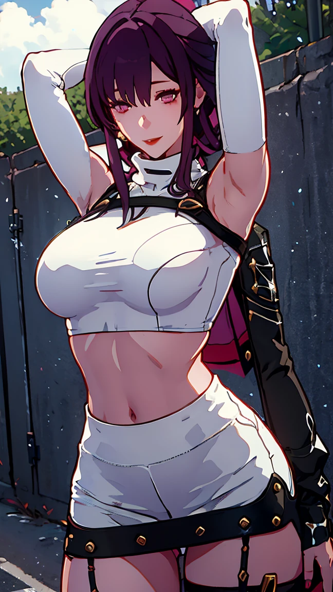 Masterpiece, ultra detailed, 8k, outdoors, white turtleneck, (black short skirt), large breast, red lip, smile, ((bare arms)), armpits, see trough clothes, spread leg, no panties, navel, midrif