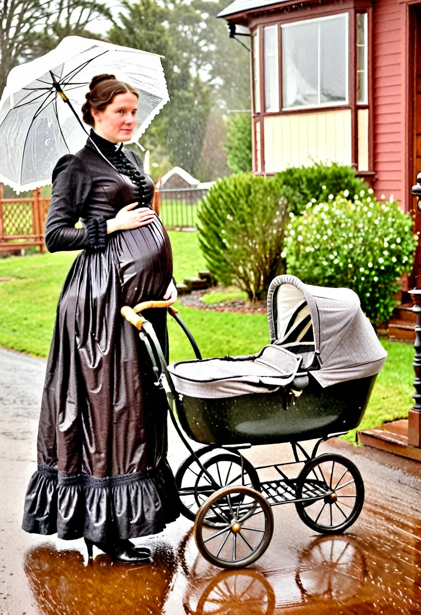 A pregnant teen in tight woolen Victorian outfit, with baby in stroller, in house, rain, soakingwetclothes, 1800’s
