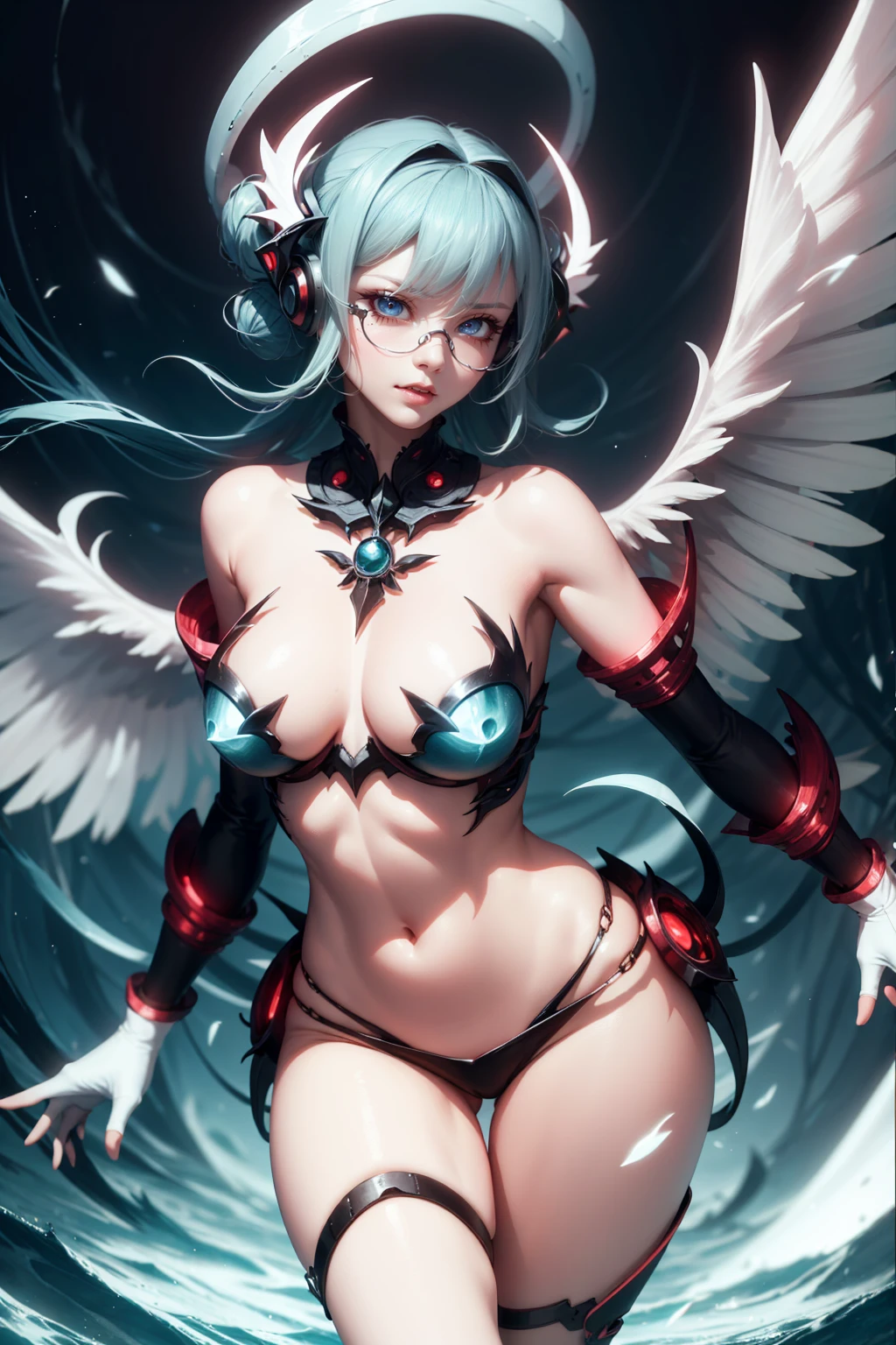 technology siren woman with white wings, sexly, blues colors, With glasses