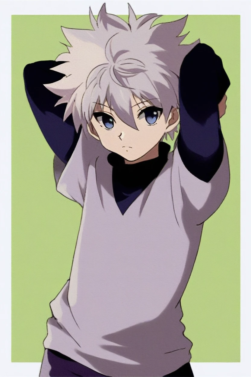 killua_zoldyck, 1boy, solo, short hair, bangs, blue eyes, simple background, shirt, long sleeves, hair between eyes, closed mouth, upper body, white hair, short sleeves, male focus, shorts, arms up, black shirt, turtleneck, border, spiked hair, arms behind head, yellow background, white border, green background, male , layered sleeves, short over long sleeves, score_9, rating_safe 