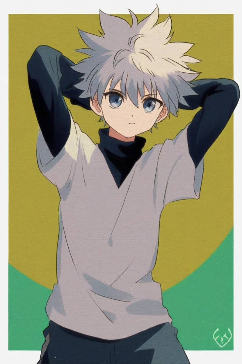 killua_zoldyck, 1boy, solo, short hair, bangs, blue eyes, simple background, shirt, long sleeves, hair between eyes, closed mouth, upper body, white hair, short sleeves, male focus, shorts, arms up, black shirt, turtleneck, border, spiked hair, arms behind head, yellow background, white border, green background, male , layered sleeves, short over long sleeves, score_9, rating_safe