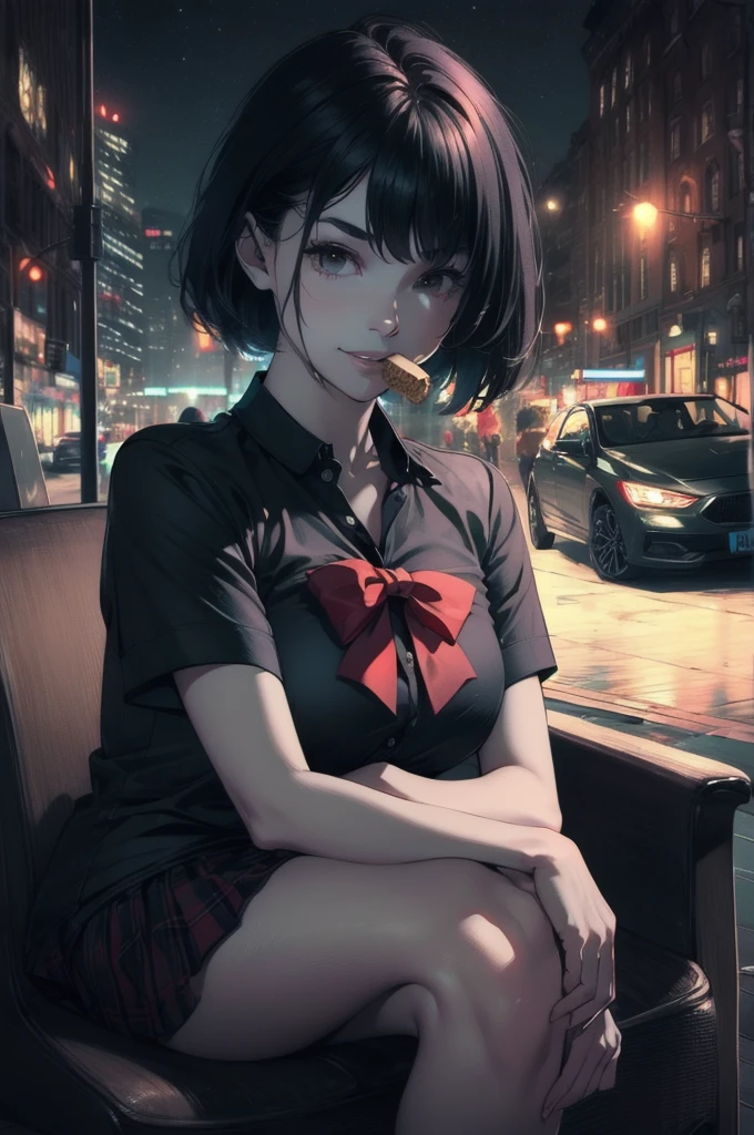 (8K, RAW Photos, Highest quality, masterpiece: 1.2), (Realistic, photo-Realistic: 1.37), Super detailed, 1 Girl, cute, alone, Beautifully detailed skies, Detailed Coffee, night, Sitting, (My nose turned red), (smile: 1.1), (Mouth closed), Medium chest, Beautiful attention to detail, (Collared shirt: 1.1), bow tie, Pleated skirt, (short hair: 1.2), Long Hair, Eat a big ice cream,