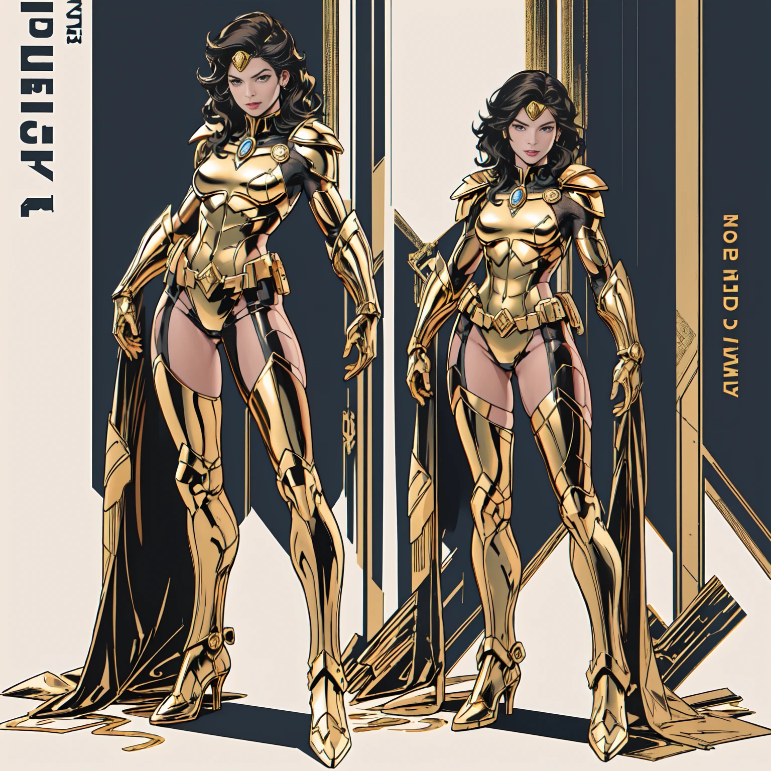 ((Full body photo,standing, feet on the ground)) 2girl, Gal gadot, (perfect anatomy), (perfect face and eyes) (undeformed eyes) golden goddess Athena, armor covers the whole body, full armor great details, art, full body, with gold cowboy lace at the waist, artwork, full body, with golden boots.