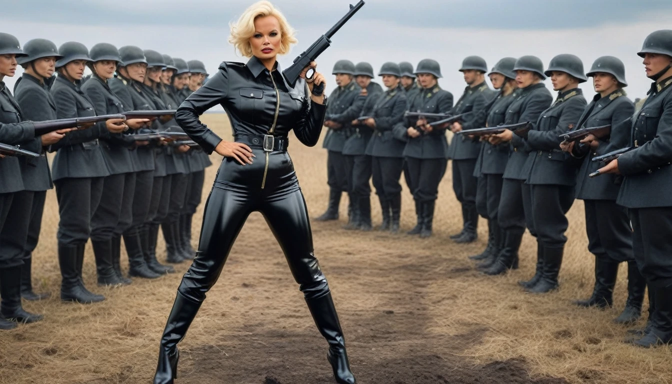 realistic photo , WWII Pamela anderson standing shooting pistol , wearing black shinny pvc WWII german uniform , black shinny pvc catsuit , wearing shinny pvc thigh high boots , on battlefield with german women soldiers dressed with shinny pvc and gas mask