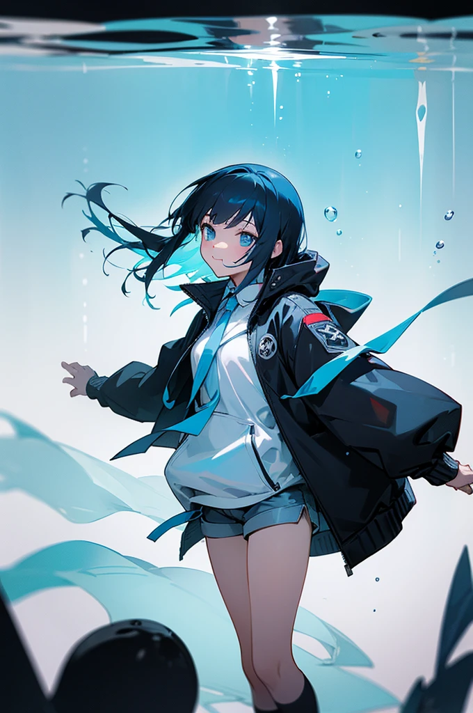 ((top quality)), ((masterpiece)), ((super detail)), (very delicate and beautiful), girl, solo, cold demeanor, ((black jacket)), she looks very (relaxed) and (calm), black hair, depth of field, evil smile, stirrups, underwater, air bubble, light blue eyes, light blue hair and dark blue tips inner color with, cold background, bobbed hair - linear art, shorts, knee high socks, oversized white hoodie, light blue ribbon tie, clothing transparent, hands in pockets