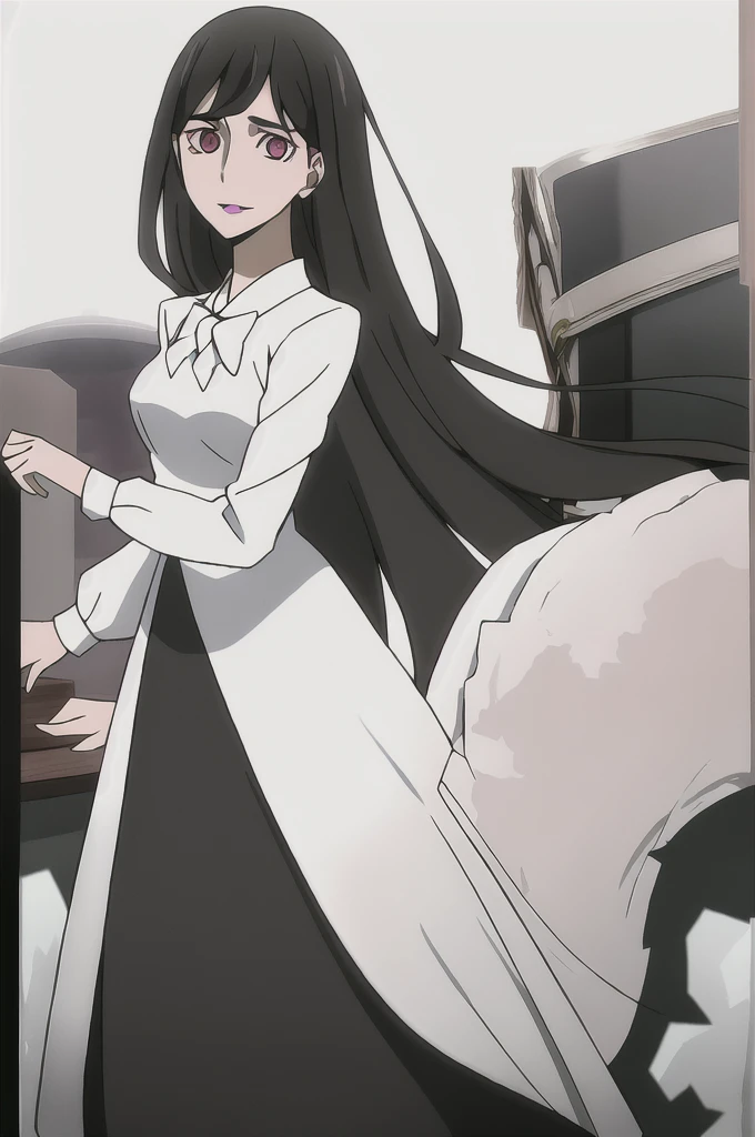 A girl with long straight black hair, fair skin and pink eyes. She wears a formal white dress and uses light pink lipstick on her lips.. She is feminine and beautiful, besides she is always happy and cheerful.