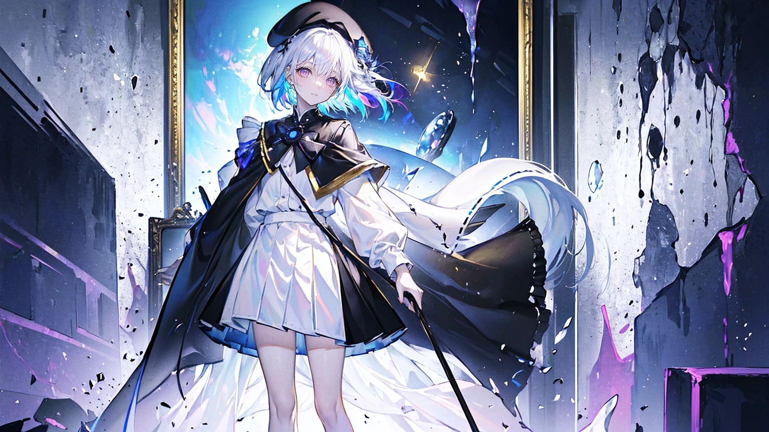 (Super detailed)),((illustration)),((masterpiece)),(((need))),((fine、Highest quality CG Unity 8K wallpapers,masterpiece),((4K,masterpiece,best quality)),rainbow发的大概16岁的少女,flat chest,short hair,Gold and silver eyes,Golden Apprentice Uniform,Black short cape,Berets,Black shoes,Paint flowing under your feet,Black Silk,Take the color palette,White short skirt covered with paint,Monocle,The walls are covered with portraits,身边有rainbow,phantom,Exhaustion,Overworked,Look in the mirror,The mirror reflects a different self,Standing in a white room,Paint condensed in the air,rainbow,individual,Full body picture