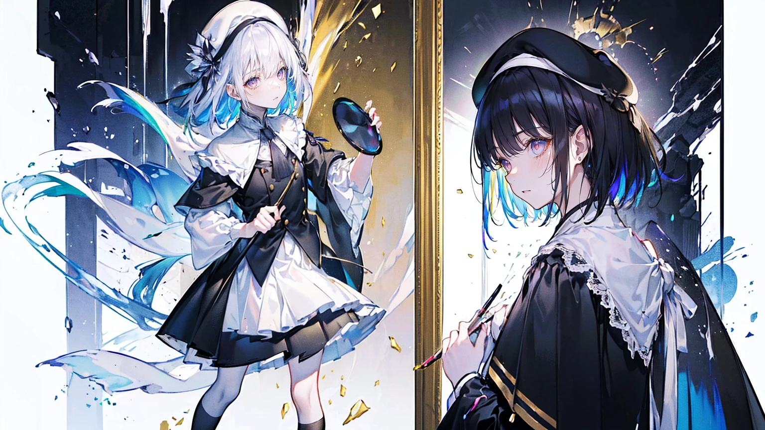 (Super detailed)),((illustration)),((masterpiece)),(((need))),((fine、Highest quality CG Unity 8K wallpapers,masterpiece),((4K,masterpiece,best quality)),rainbow发的大概16岁的少女,flat chest,short hair,Gold and silver eyes,Golden Apprentice Uniform,Black short cape,Berets,Black shoes,Paint flowing under your feet,Black Silk,Take the color palette,White short skirt covered with paint,Monocle,The walls are covered with portraits,身边有rainbow,phantom,Exhaustion,Overworked,Look in the mirror,The mirror reflects a different self,Standing in a white room,Paint condensed in the air,rainbow,individual,Full body picture