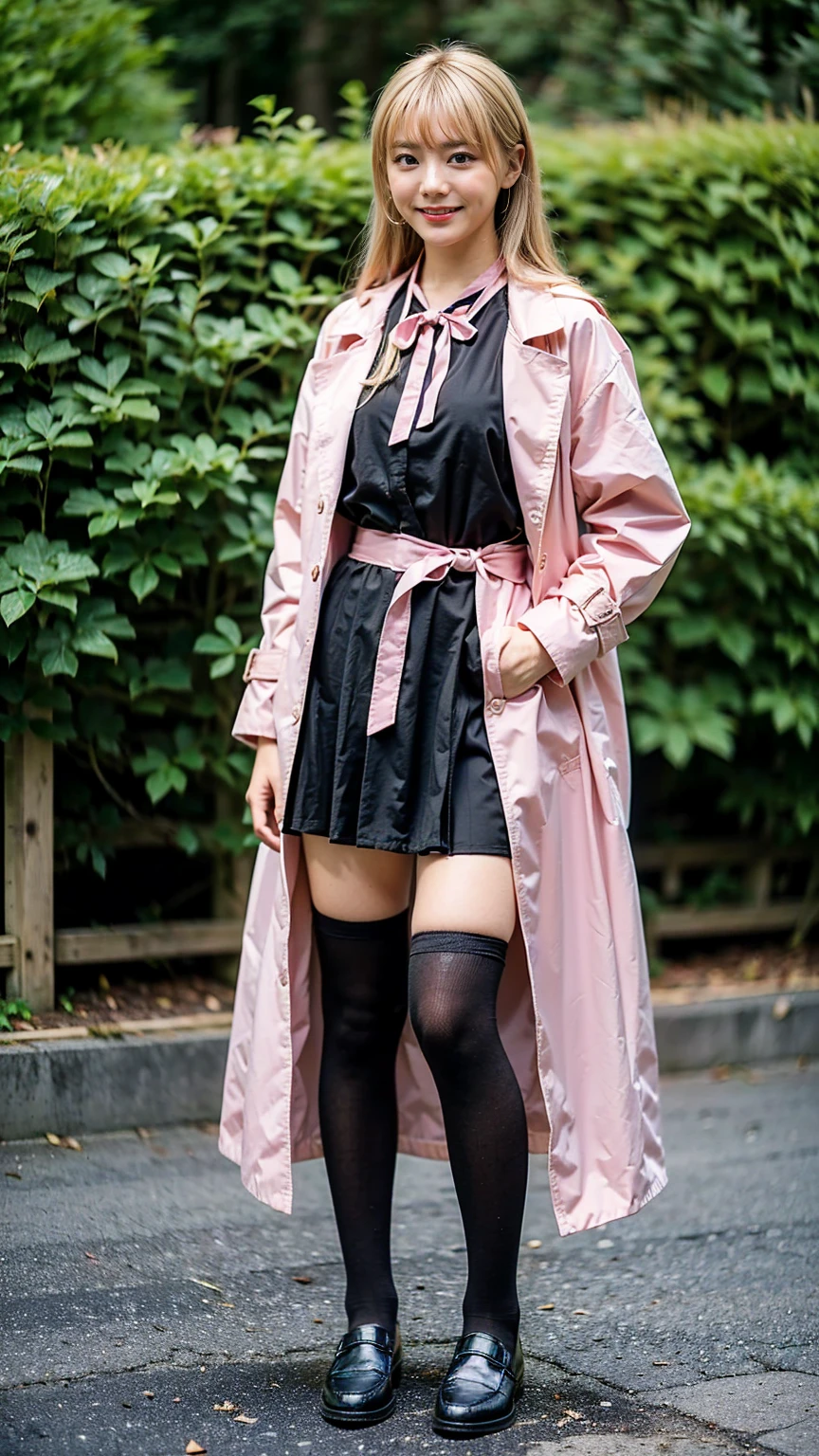 (8K、RAW Photos、Highest quality、masterpiece:1.2)、(Realistic、Realistic)、1 Girl、((Pink Coat、smile、Black mini dress、whole body、Knee socks、loafers、garden、chest emphasis、whole body、View from the front、Ribbon on chest、Looking into the camera、Blonde、belt、Stand with hands on hips))、