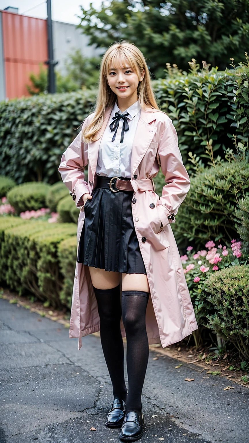 (8K、RAW Photos、Highest quality、masterpiece:1.2)、(Realistic、Realistic)、1 Girl、((Pink Coat、smile、Black mini dress、whole body、Knee socks、loafers、garden、chest emphasis、whole body、View from the front、Ribbon on chest、Looking into the camera、Blonde、belt、Stand with hands on hips))、