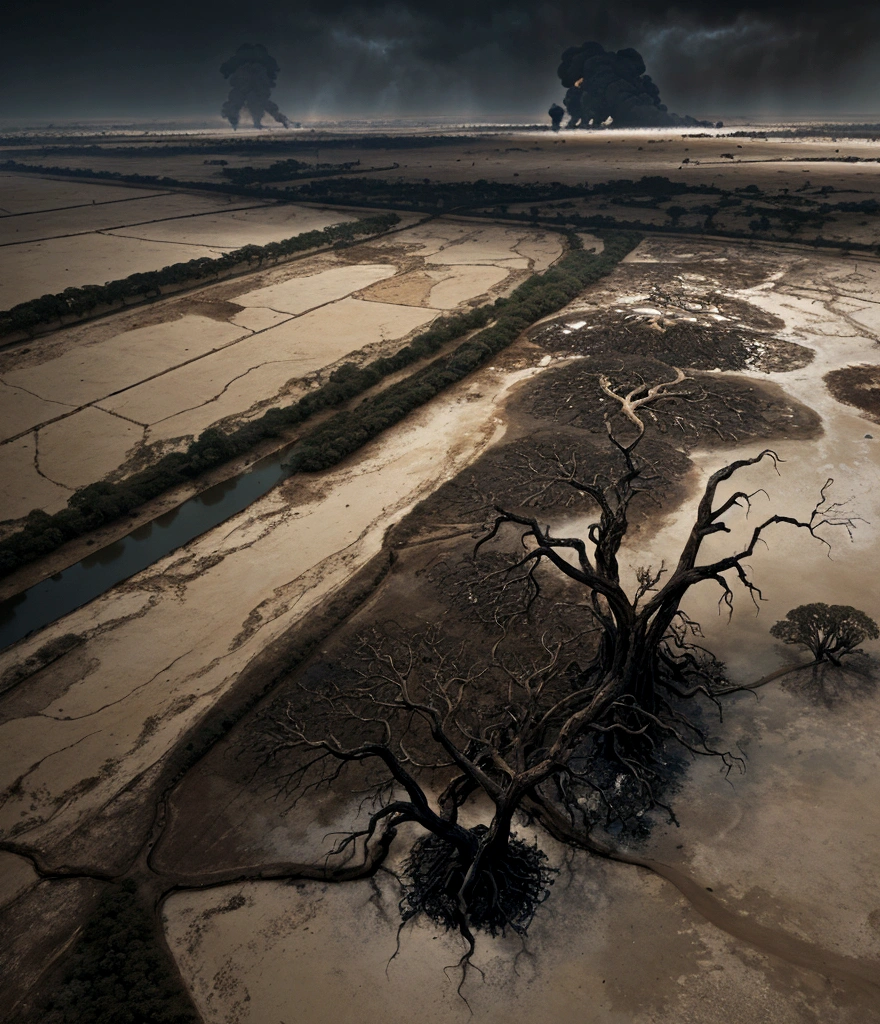 Hyper realistic image of A vast valley burned with skeletons of dead animals, 1 single centuries-old and imposing Kapok tree with a river around it in the center of the image and a burned city on the left side of the image, as background smoke and rain with dark sky.
