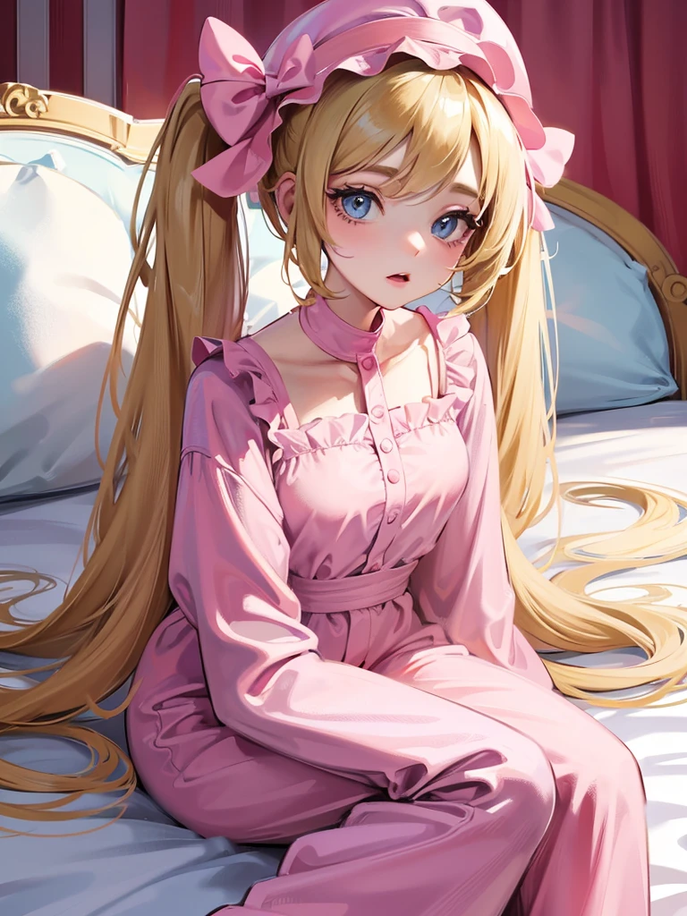 an adult woman, blonde with two pigtails with a bow each pink, pink jumpsuit dress, she has blue eyes, a pink hat on her head, she is in her room alone on her bed