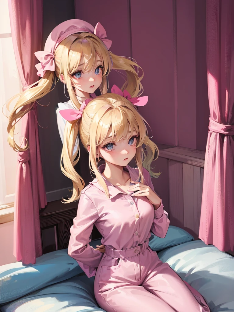 an adult woman, blonde with two pigtails with a bow each pink, pink jumpsuit dress, she has blue eyes, a pink hat on her head, she is in her room alone on her bed