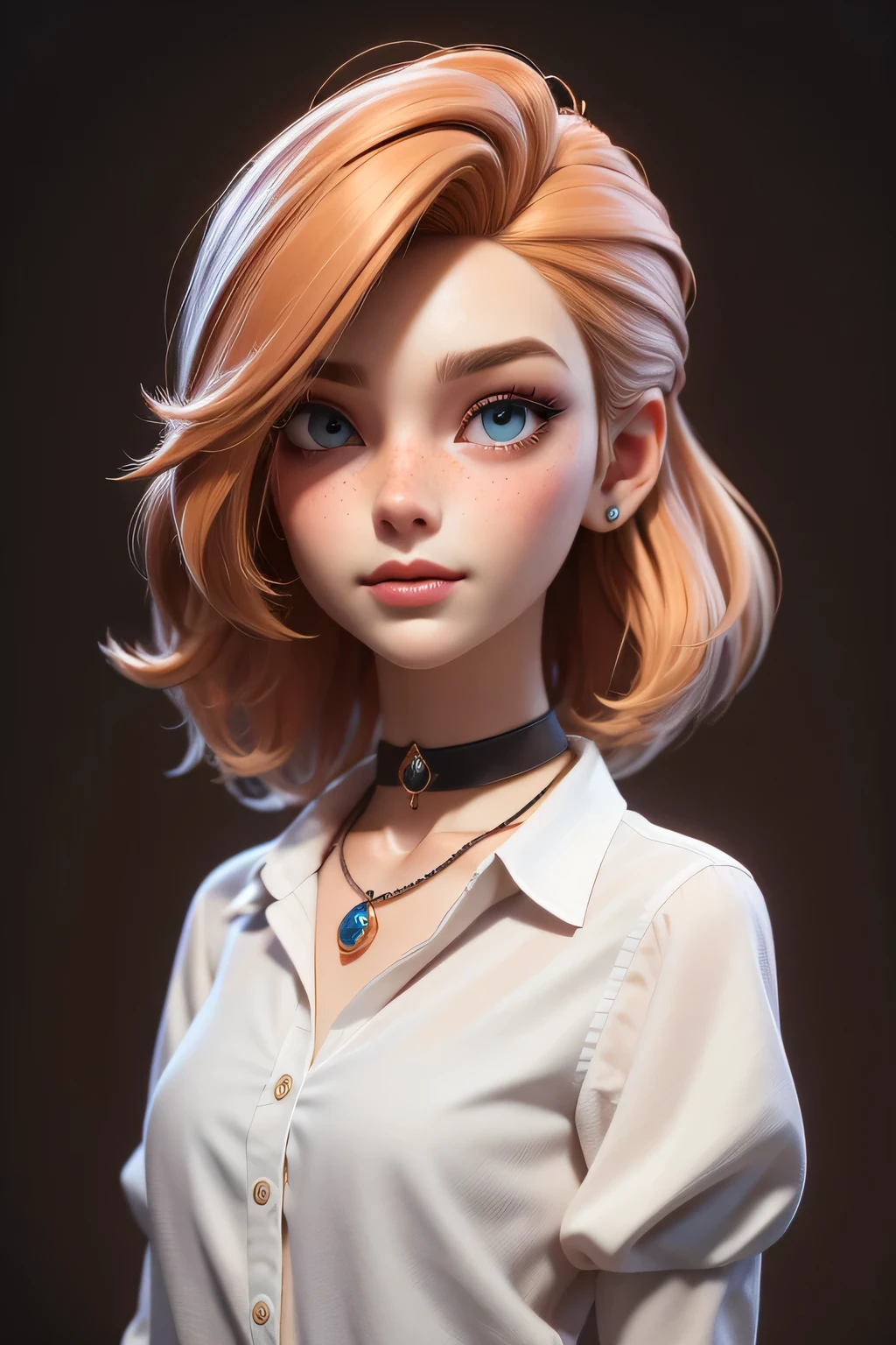 Masterpiece artwork, best qualityer, 3d rendering work, 3DMM style, close-up, portraite, 3d, 1girl, solo, multicolored hair, chestnut hair, hair blonde, necklase, freckles, jewelly, two tone hair, looking at side, realisitic, upperbody, simple white background, bangss, looking off into distance, shorth hair, separated-lips, eyes browns,Gothic, choker, make-up, white shirt,