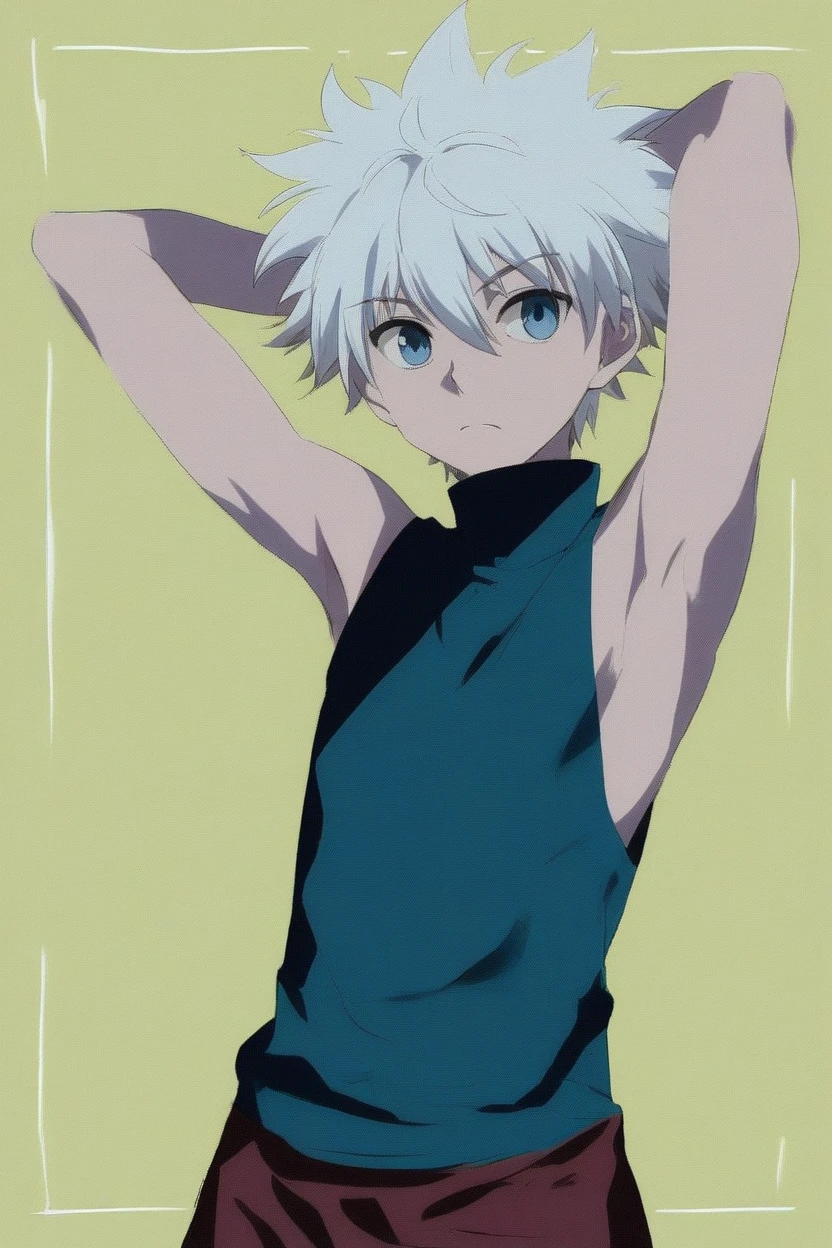killua_zoldyck, 1boy, solo, short hair, bangs, blue eyes, simple background, , , hair between eyes, closed mouth, upper body, white hair, , male focus, shorts, arms up, ,, turtleneck, border, spiked hair, arms behind head, yellow background, , green background, male, score_9, rating_safe ,Shirtless,Showing armpits