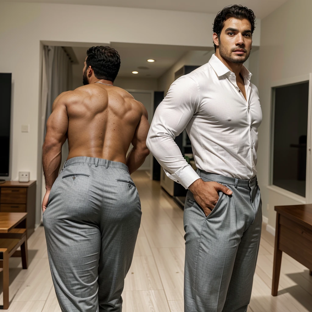 A Hispanic man with a face that looks like Henry Cavill. black man, His body is muscular and he has a toothed beard..  Big Butt, in a moment of reflection. full body. Fajada shirt, semi formal clothing, grey pants, backside. 