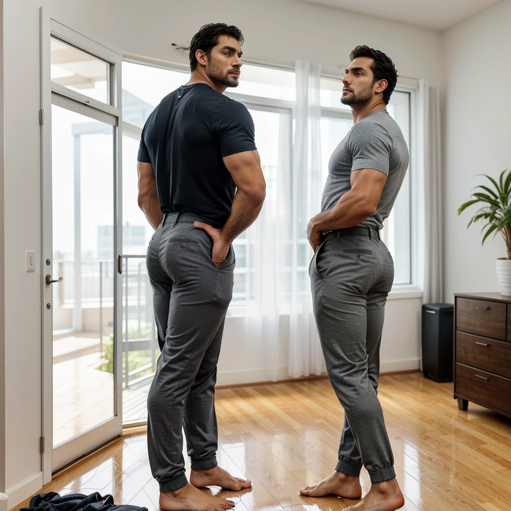 A Hispanic man with a face that looks like Henry Cavill. black man, His body is muscular and he has a toothed beard.. Big Butt, in a moment of reflection. full body. Fajada shirt, semi formal clothing, grey pants, backside.