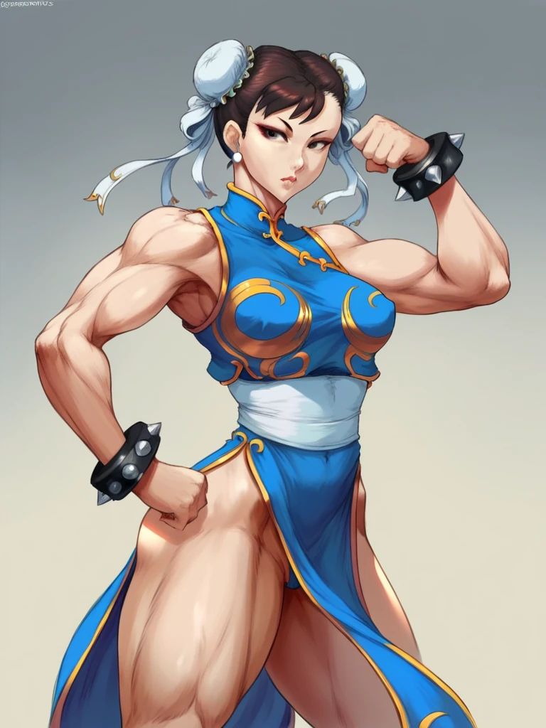 csr style, cutesexyrobutts style, muted pastel colors, medium breasts, Chun-Li, In this image, Chun-Li is depicted in her classic outfit, a tight pink qipao dress with gold trim, emphasizing her strong yet feminine physique. Her hair is styled in twin ox horns, adorned with white ribbons. She has a confident expression, reflecting her determined and resilient character from the "Street Fighter" series. The art style combines realism with anime influences, characterized by smooth shading, detailed muscle definition, and vibrant colors. **AI Art Prompts:** - "Chun-Li in her classic pink qipao dress with gold trim, confident expression, twin ox horns hairstyle with white ribbons, realistic anime style, smooth shading, detailed muscles, vibrant colors" - "Chun-Li, Street Fighter, classic outfit, confident, strong, feminine, anime realism, detailed shading, vibrant art" Chun-Li's expression is best described as confident and slightly challenging, indicative of her readiness for a fight and her inner strength.