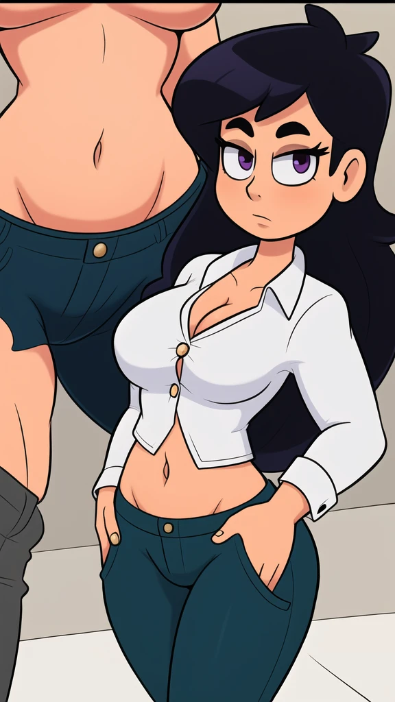 A girl with a big chest, firm black hair, long squares, purple eyes, a medium-sized rectangle, wears a metallic gray blouse with buttons, shows a navel, and her long light gray pants, adulthood, gold pocket, pants. 