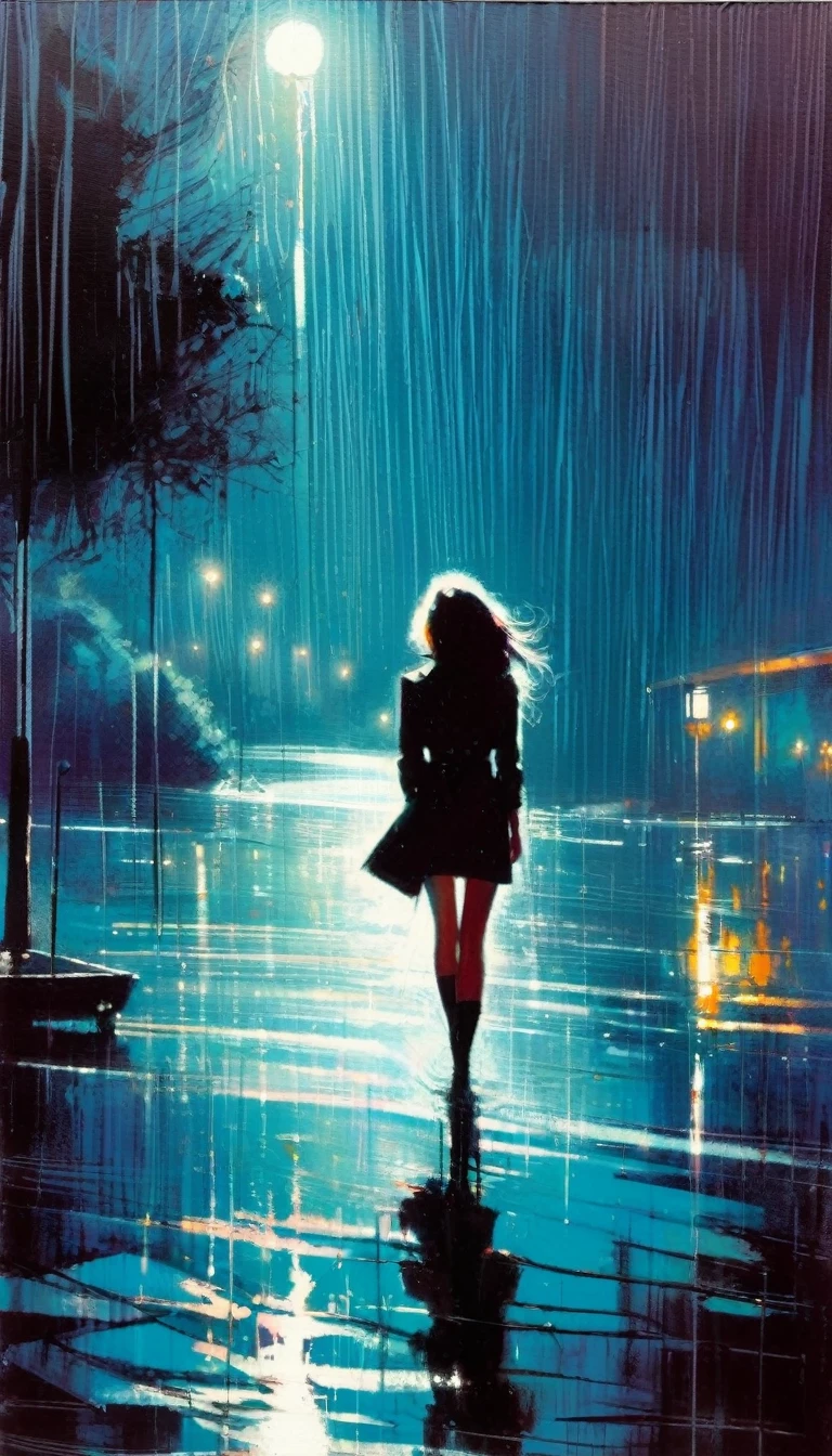 a lake, alone, sexy, night, rain (art inspired by Bill Sienkiewicz ). oil painting)