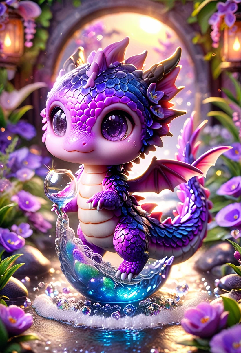 absurdres, highres, ultra detailed, HDR, master piece, best quality, small light-blue dragon, cute, fantasy, blue flowers, blue petals, sparkling, glittering, magical, glass, water, moon