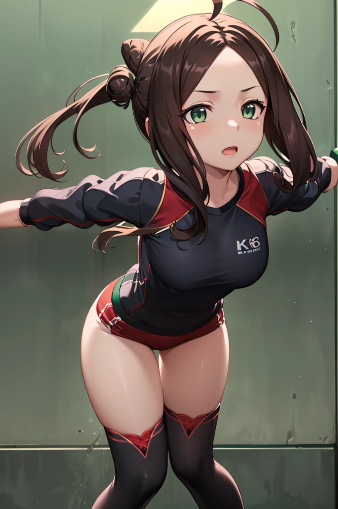 (One girl, black, black, Ahoge, (Green Eyes:1.5), Hair between the eyes, Braiding, Bloomers, french Braiding, Gym Shirt, Gym suit, Hair Bun, head band, Official Alternative Costumes, red Bloomers, red head band, single Hair Bun, View your viewers, Are standing, Leaning forward, Put your arms behind your back, Highest quality, High resolution, unity 8k wallpaper, (figure:0.8), (Beautiful attention to detail:1.6), Highly detailed face, Perfect lighting, Highly detailed CG, (Perfect hands, Perfect Anatomy))、handcuffs、Ecstatic expression、Squat、Scapula、rib cage