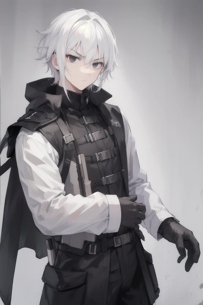boy, white hair, black eyes, black hunter clothing, serious face