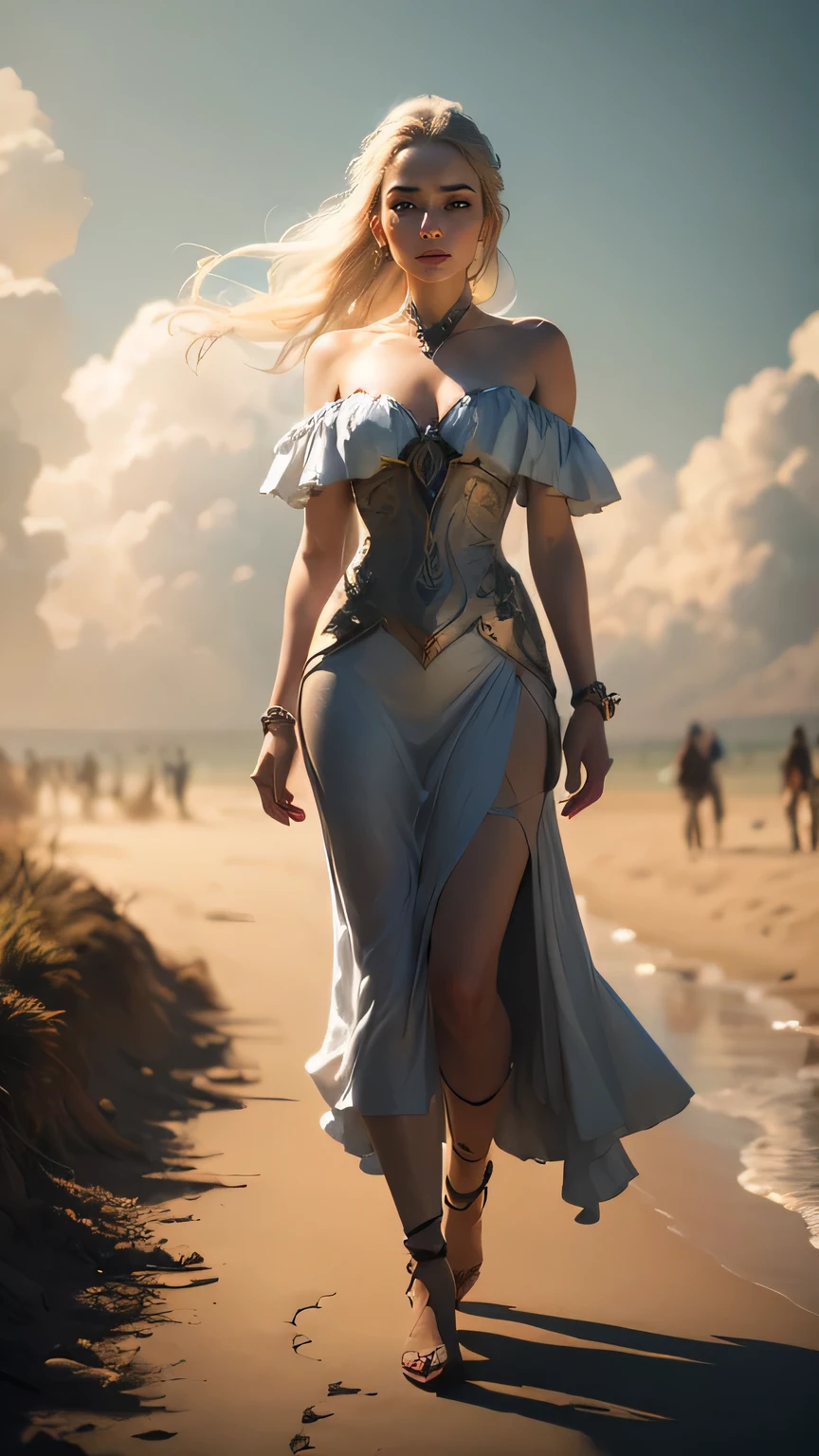 Arad woman , full body shot, in white tranparent dress walks across the beach, inspired by Darek Zabrocki, Brooke Sardin in detail, Goddess of dust, (tmasterpiece),(photorealestic),(Reality:1.2),(RAW photogr:1.2),(best qualtiy:1.2),(Detailed face: 1.4),(Beautiful detailed eyes:1.2),(detailed hairs),light in face,inspired by Maciej Kuciara, inspired by Igor Kieryluk, author:Darek Zabroki, Tomasz Alen Kopera and CGsociety, cloud goddess, Wind and dust