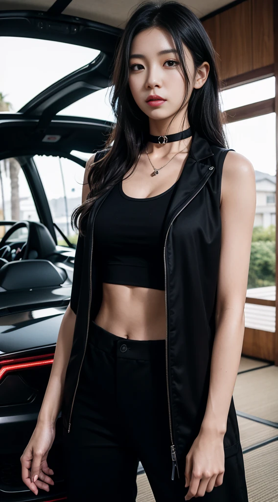 Japanese girl wearing a black robe jacket, wearing black trousers, wearing a tank top, wearing a black choker necklace, has a six pack stomach, taking a photo in front of a sports car,