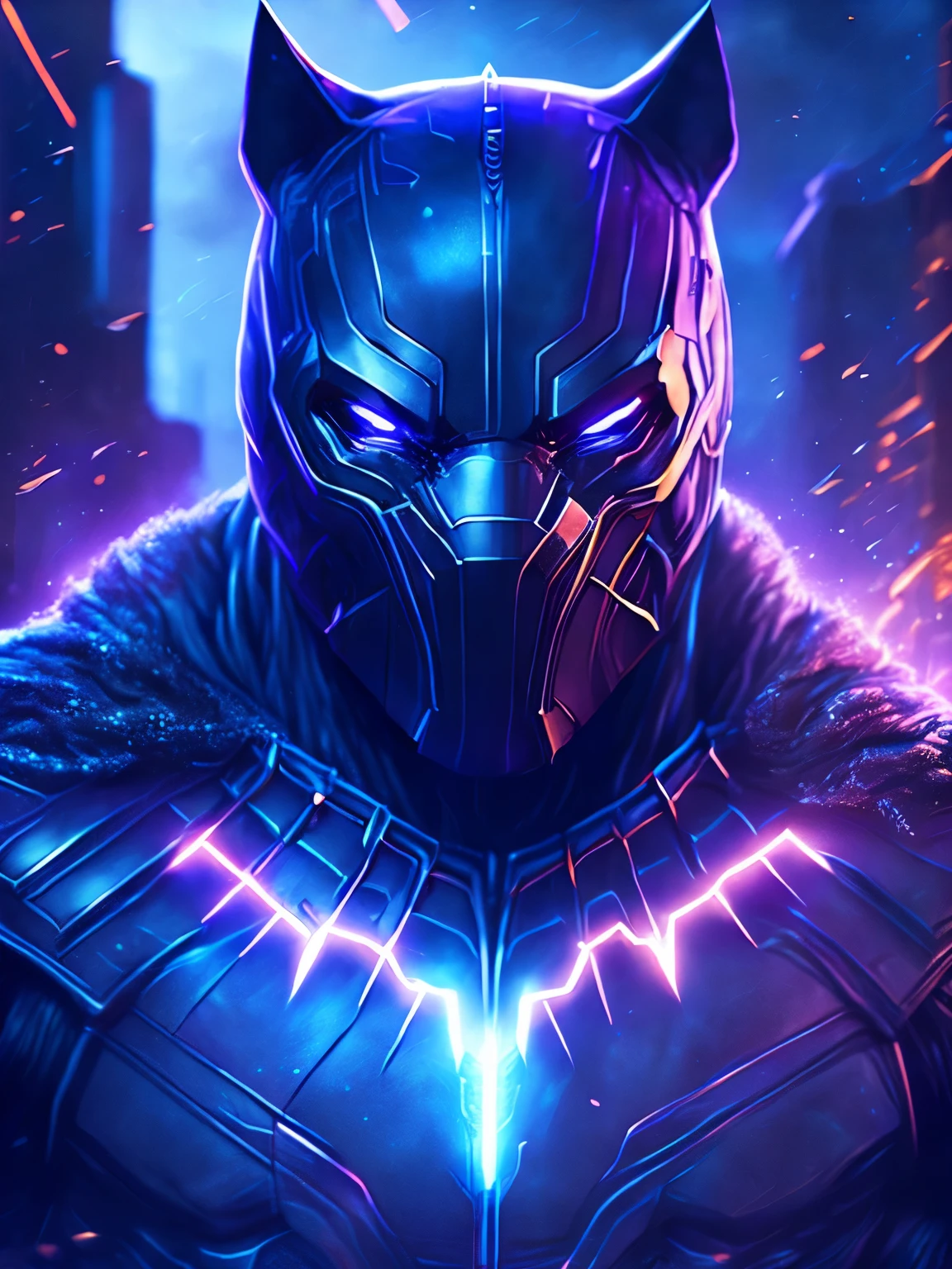 gloomy portrait of Black Panther from Marvel, extremely detailed, futuristic cityscape, nighttime, glowing neon lights, smoke, sparks, metal shavings, flying debris, blue energy effects, volumetric light