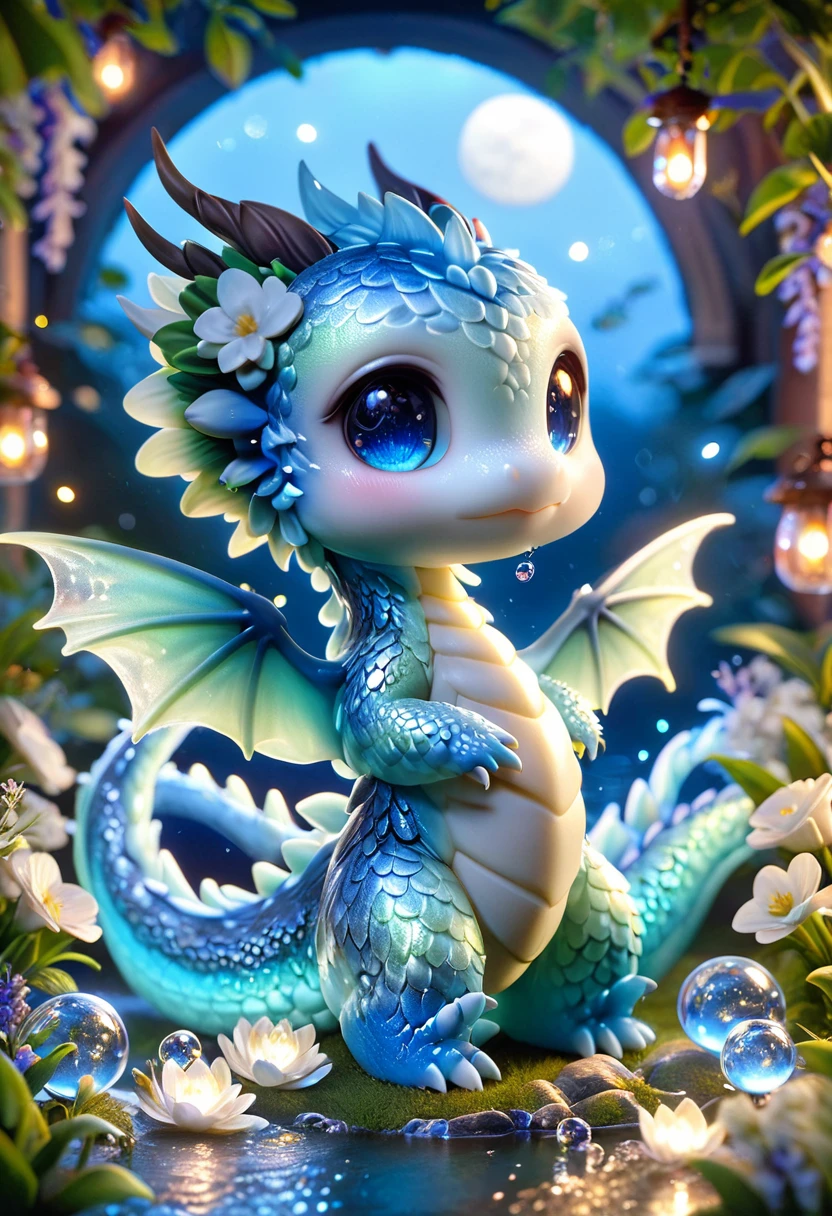 absurdres, highres, ultra detailed, HDR, master piece, light blue dragon, cute, best quality, blue moon, flowers, fantasy, magical, solo, water, blue shining fireflies, blue petals, fe cristal sphere, magic, small dragon