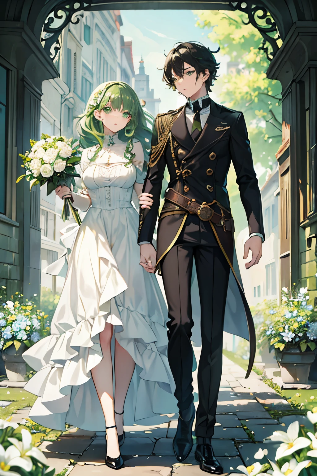 (masterpiece), best quality, expressive eyes, perfect face, girl, full body, white dress, bright green hair, green eyes, surrounded by flowers, curly hair, long hair, black haired man, steampunk, short hair, couple,
