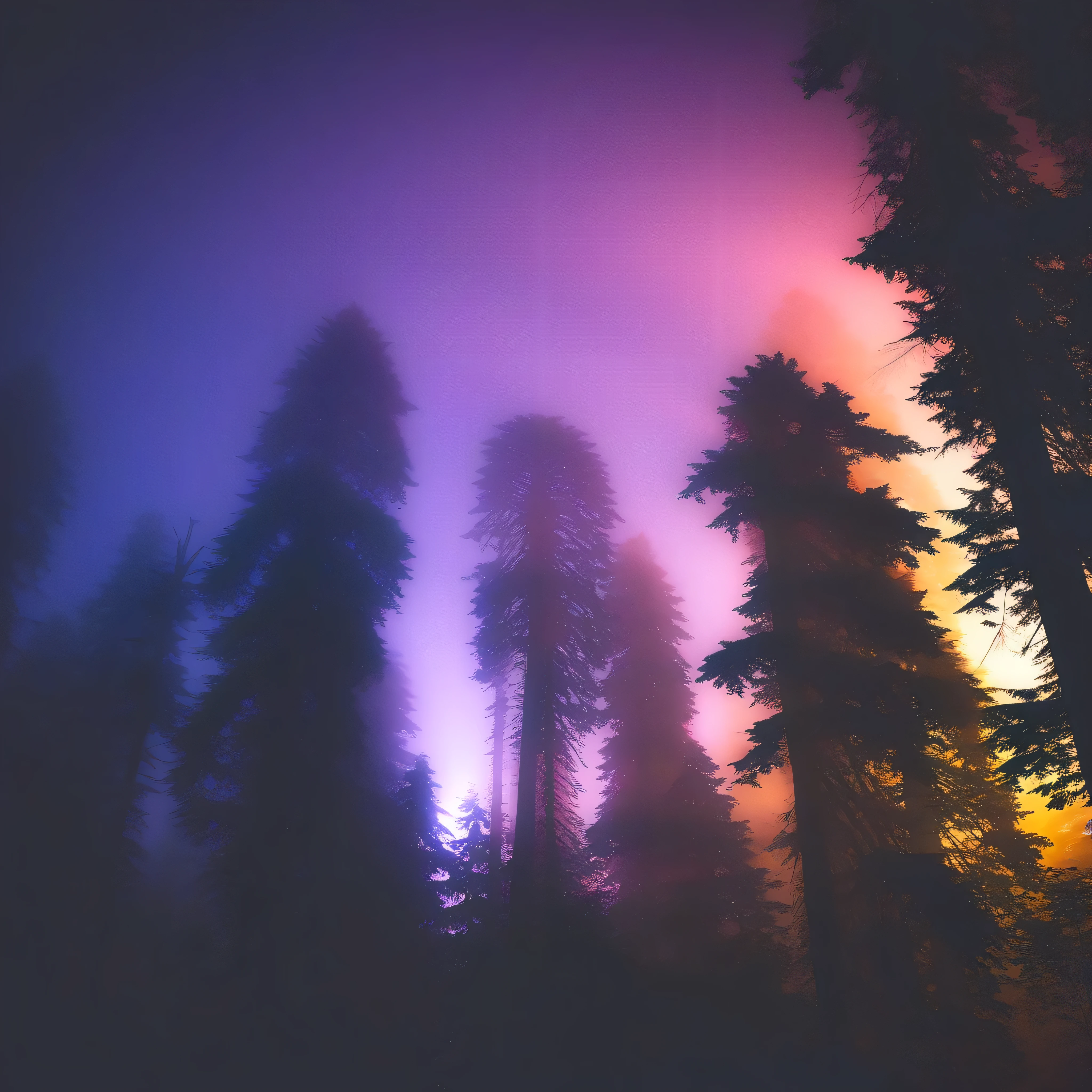 Tall Tree々and a painting of a forest with purple lights., Deep forest at night, mysterious dense forest, Mysterious Forest, foggy Night Forest, Blue Forest, an image of a moonlit forest, Night Forest, Night Forest, dense lush Night Forest, Cinematic forest lighting, Mysterious Forest, Magical forest background, Forest Night