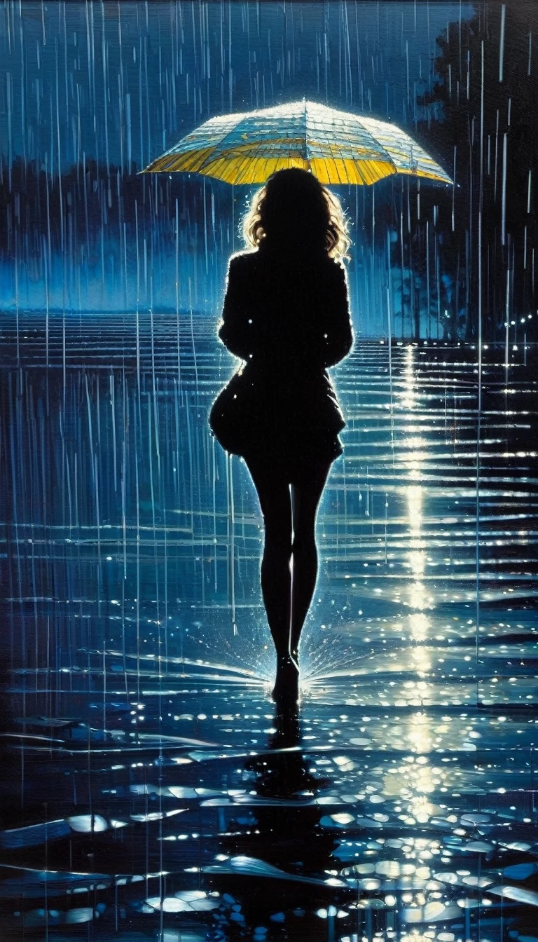 a lake, alone, sexy, night, rain (art inspired by tim bradstreet ). oil painting)
