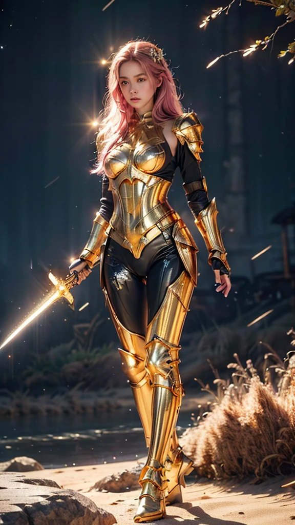 ((best quality)), ((masterpiece)), (ultra detailed lights), ((full body shot)), ((skinny body)), anya geraldine, extremely beautiful, ((slim body)), thighs gap, ultra face details, 20 years old, ((pink curvy-hair)), ((hair blown by strong winds :1.3)), Award-winning photograph, ((symmetrical pose)), goddess with (golden sword) in ((full body golden black armor)) are in the middle of battlefield, posing in the middle, intricate details, ((thight golden armour)), ((extremely details armor)), ((tight latex pants)), ((24k-gold armor)), ((edge luminous armor)), cameltoe, luminescent, epic lights reflections, she is posing with ((Athena's golden bow)), at beach, full of stars, orange clouds, nebula sky, epic aurora borealis in the background, shooting stars, ((from below))