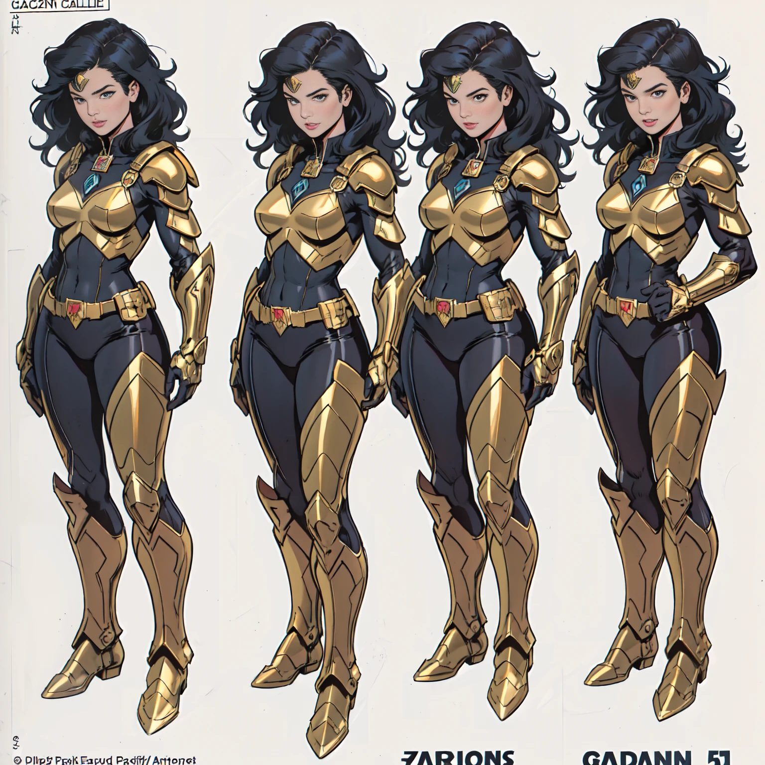 ((Full body photo,standing, feet on the ground)) 2girl, Gal gadot, (perfect anatomy), (perfect face and eyes) (undeformed eyes), armor covers the whole body, full armor great details, art, full body, with gold cowboy lace at the waist, artwork, full body, with golden boots.