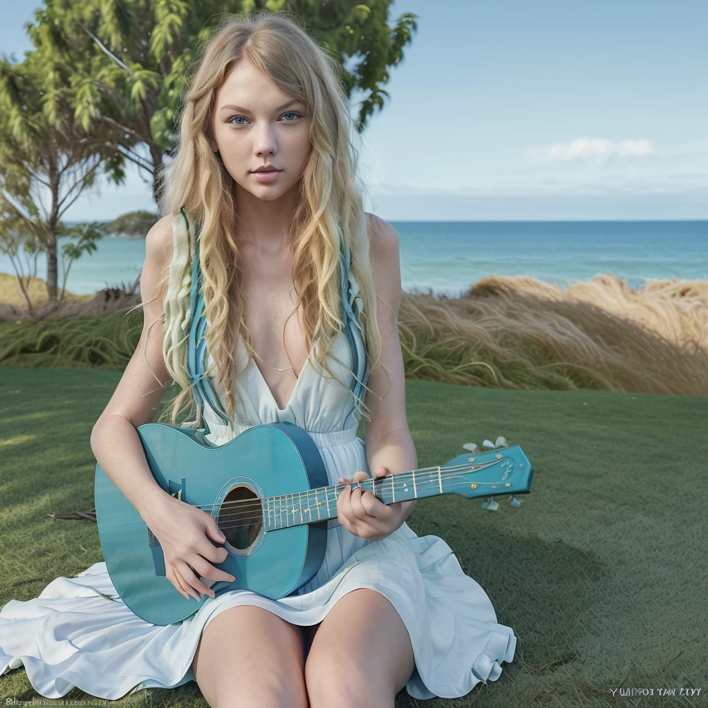 Take the cover of Taylor Swift's album, "Taylor Swift (Taylor's Version)", green and blue background blurred with sea and grass, with long curly blonde hair, looking at the camera, blue eyes, white dress, she sitting on the grass with a guitar.